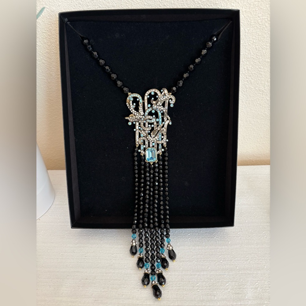 New Heidi Daus Black/Blue Accent Silver Rhine Stone Beeded Necklace